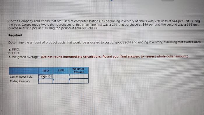 Chairs cortez sells company used inventory units solved stations beginning computer unit per purchase during sold amount purchases batch period